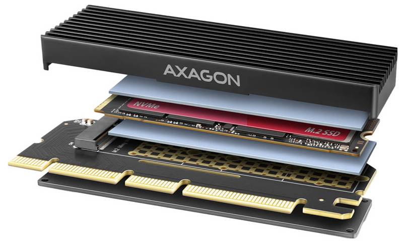 Packaging for AXAGON SOLID internal PCIe adapter for NVMe M.2 SSD with heatsink, shown in product box art.