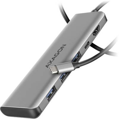 Silver AXAGON USB-C hub with HDMI, USB-C and USB-A ports, shown with connected cables on a white background.