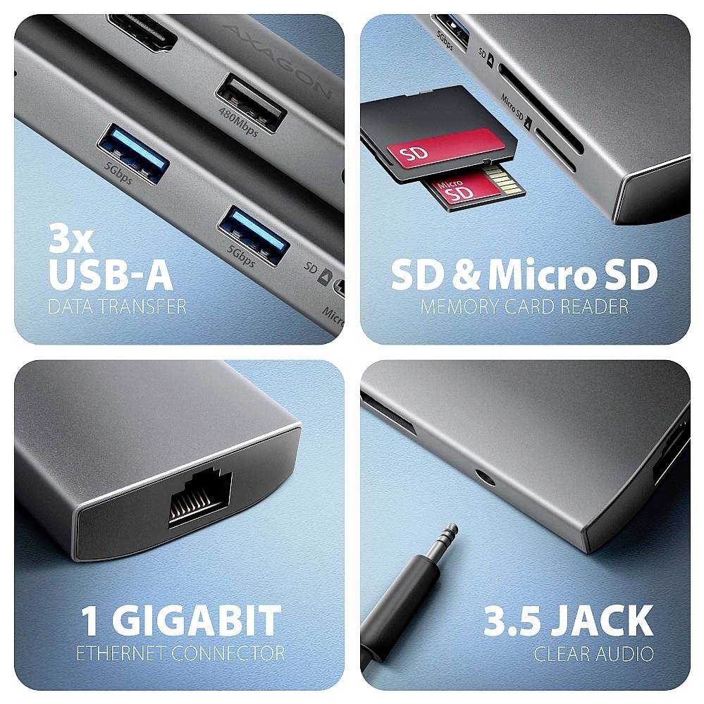 Four-panel product graphic showing a USB-C hub with 3x USB-A data ports, SD and Micro SD card reader, 1 gigabit Ethernet connector, and 3.5 jack audio port.
