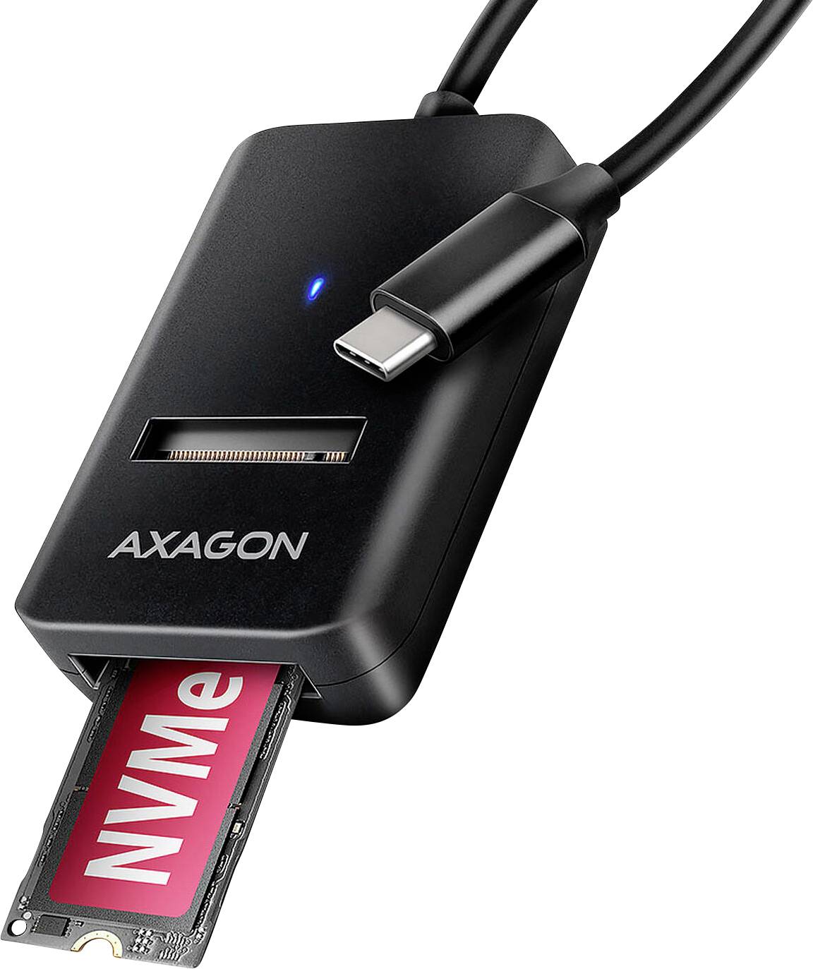 Black AXAGON USB-C card reader with a blue status light and inserted NVMe M.2 SSD module, shown with connected cable.