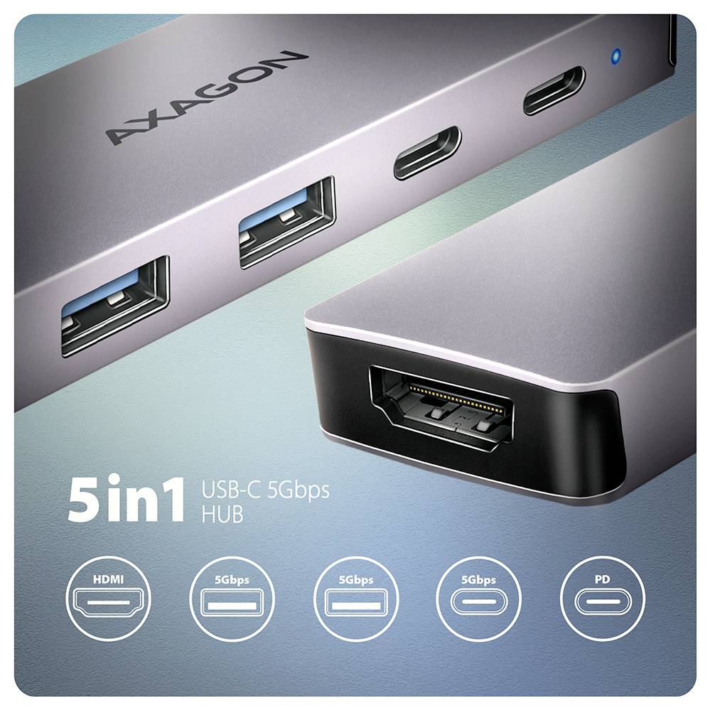 Promotional image of a NAGON 5-in-1 USB-C 5Gbps hub, showing USB-A, HDMI, USB-C, and PD ports.<br>