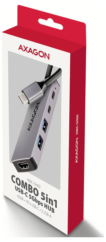 Axagon USB-C combo hub retail box showing a 5-in-1 hub with USB-C, USB-A and HDMI ports, labeled 'COMBO 5in1 USB-C 5Gbps HUB'