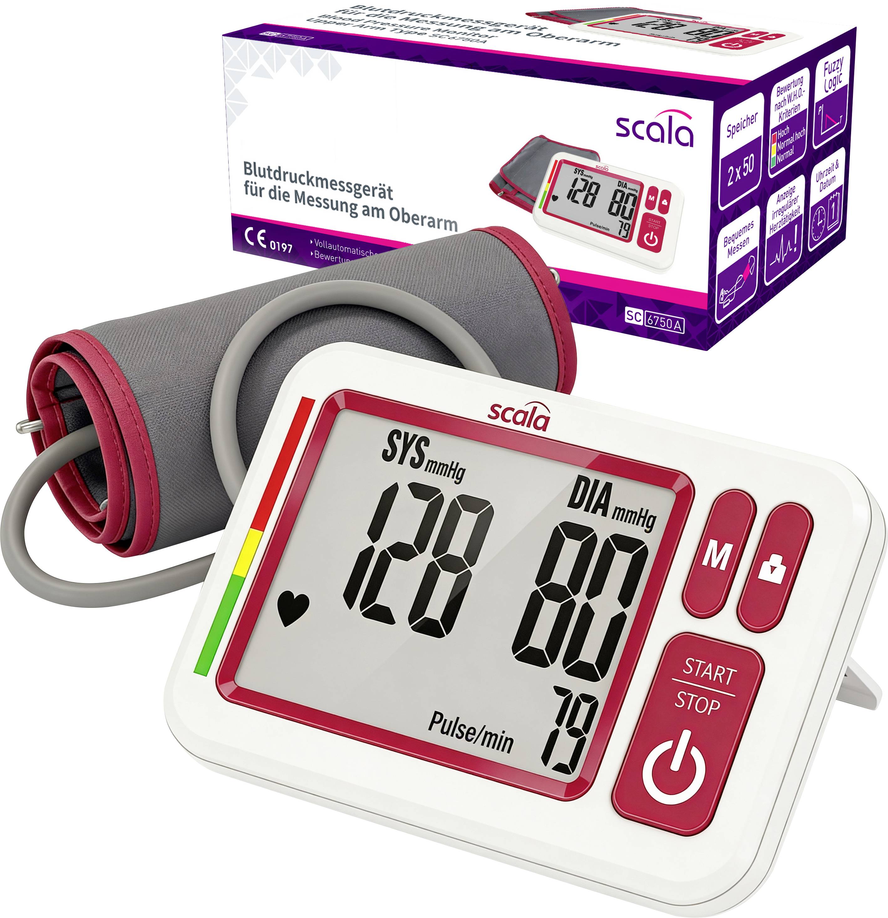Digital upper-arm blood pressure monitor with cuff, display showing 128/80 mmHg and pulse 79; product box in background.