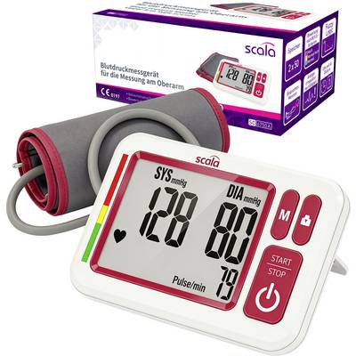 Digital upper-arm blood pressure monitor with cuff, display showing 128/80 mmHg and pulse 79; product box in background.
