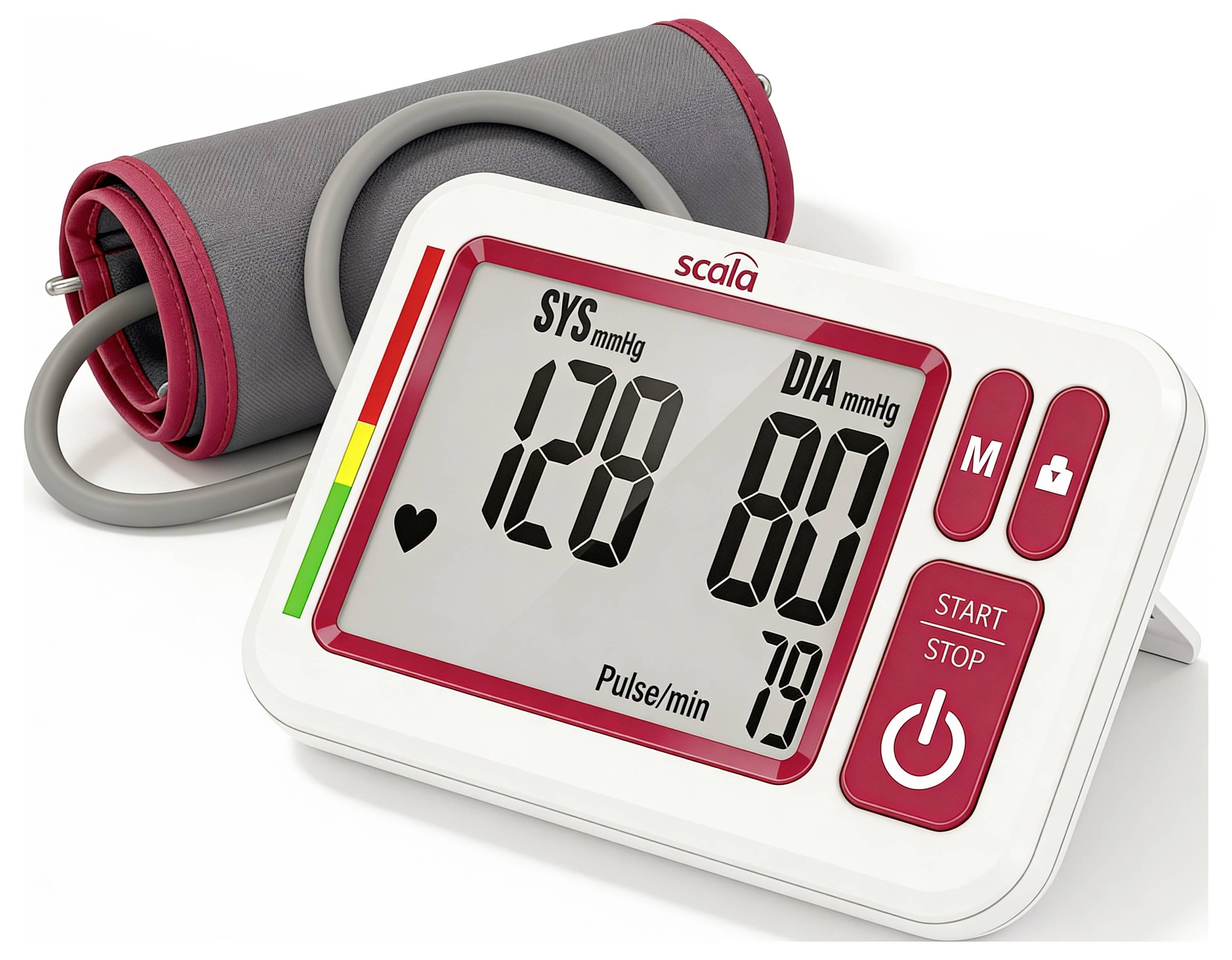 Digital blood pressure monitor showing 128/80 mmHg and pulse 79, with cuff attached.<br>