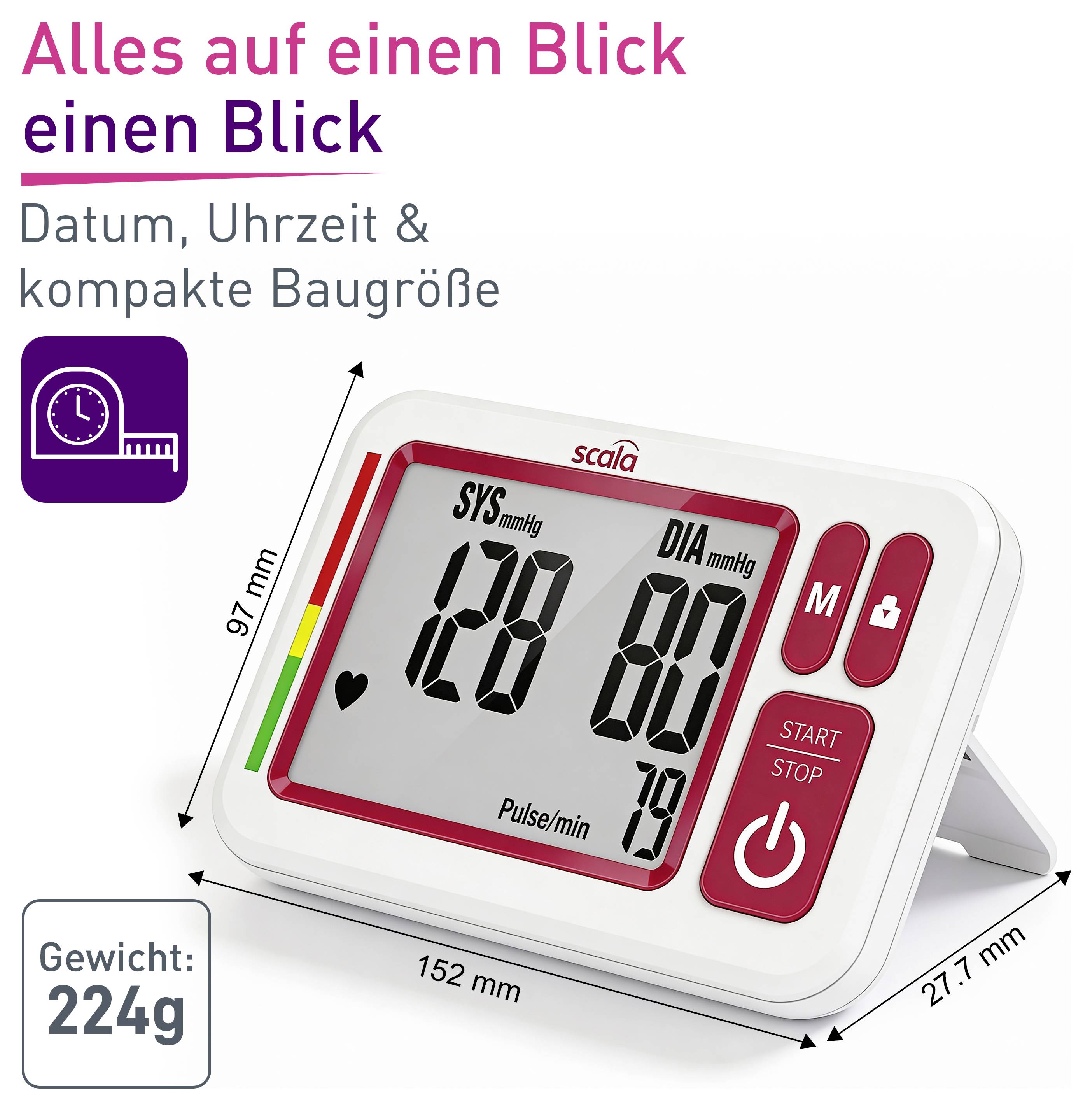 Advertising graphic of a compact blood pressure monitor with time, date and measurement values; shows dimensions 152 x 97 x 27.7 mm and weight 224 g.