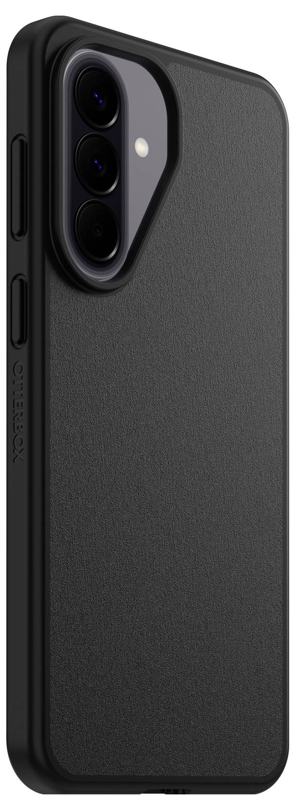 Black textured smartphone case with raised triple-camera cutout and side button covers, shown on a white background.