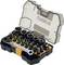 DeWalt socket and screwdriver bit set in a clear-lid carrying case, with assorted sockets, bits, and a ratchet wrench arranged in foam tray.
