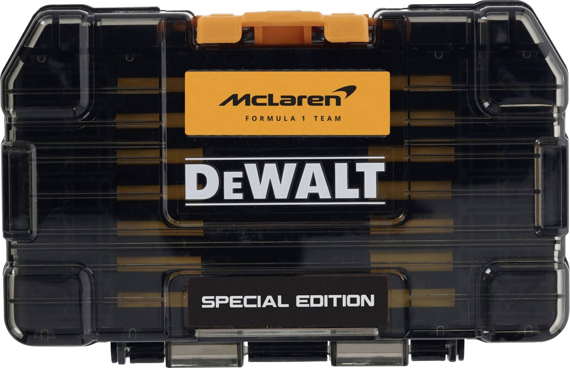Black DEWALT special edition case with orange McLaren Formula 1 Team branding on the front<br>