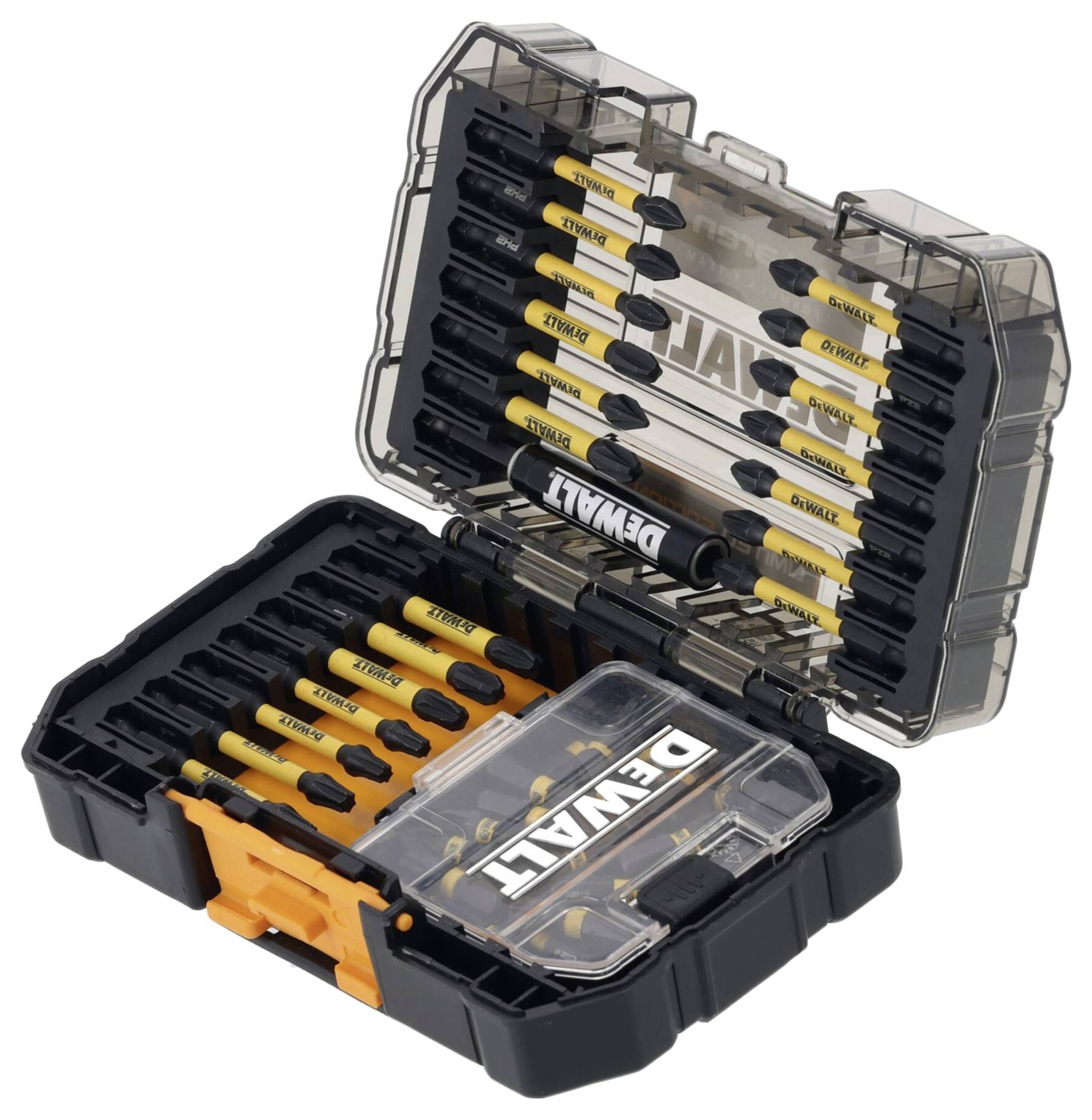 DeWalt screwdriver bit set in a clear-lidded black and orange storage case, with multiple yellow-and-black bits arranged in slots.<br>