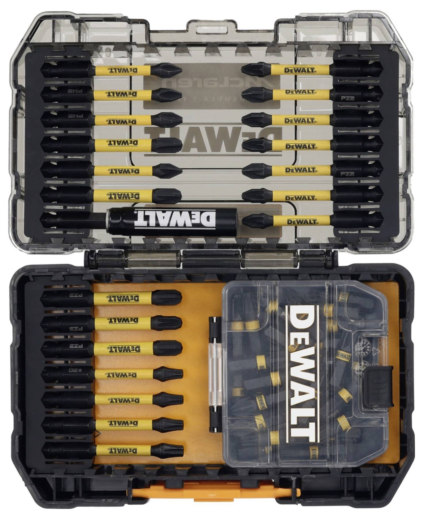 Open DeWalt bit set case with multiple black and yellow screwdriver bits and a small accessory compartment inside.