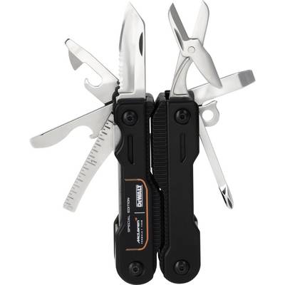 Multitool with two black handles and multiple folded-out stainless steel tools, including a knife, pliers, scissors, bottle opener, saw, ruler, and screwdriver.