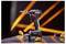 A DeWalt cordless drill with a gold bit stands on a reflective surface, with orange light streaks in the background.<br>