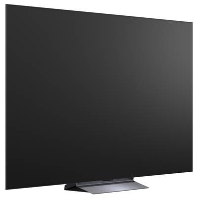 A large flat-screen TV with a blank black screen on a stand, shown against a white background.<br>