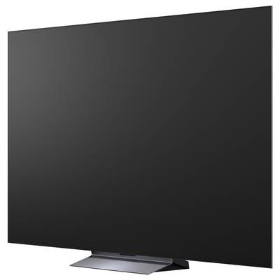 A large black flat-screen television with a minimalist stand, shown on a white background.
