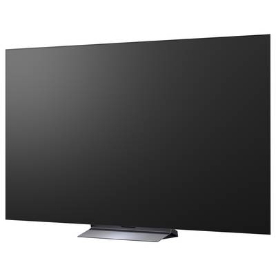 Flat-screen television with a blank black display on a stand.