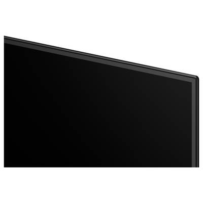 Close-up of a black flat-screen TV or monitor with the screen off, shown against a white background.