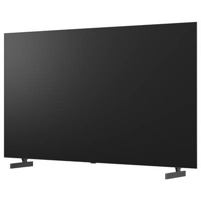 Large flat-screen TV with a blank black screen on two angled stands, shown against a white background.