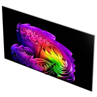 A sleek flat-screen display showing a vivid abstract rainbow swirl graphic on a black screen, viewed at an angle.<br>