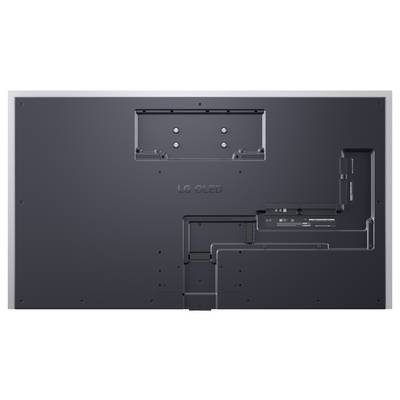Back view of an LG OLED television showing the rear panel, mounting bracket, and cable routing channels.<br>