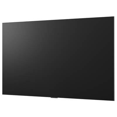 Large black flat-screen television or monitor shown against a white background, angled slightly to the right.