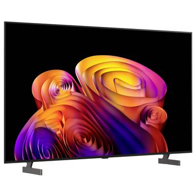 A flat-screen TV displaying abstract colorful spiral swirls on a black background, shown on stand legs.