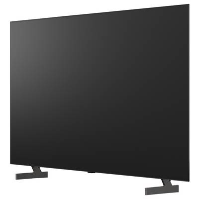 Black flat-screen television on two angled stand feet, shown against a white background.