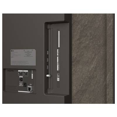 Back view of an LG TV showing input ports, labels, and a mounted cable cover on the rear panel.