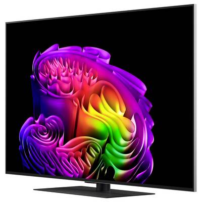 Flat-screen TV displaying a colorful abstract rainbow swirl on a black background, shown in a 3D product view with stand.