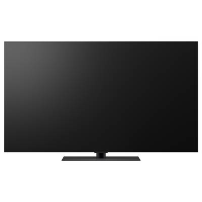Large flat-screen TV with a blank black screen on a stand against a plain background.