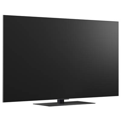 Large flat-screen television with a blank dark display on a stand, shown against a white background.