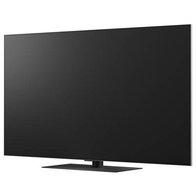 Front view of a large black flat-screen TV on a stand, shown turned off against a white background.