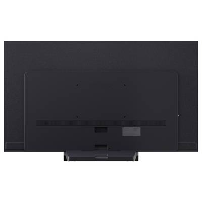 Rear view of a flat-screen TV showing the back panel, stand mount, and vented lower section on a dark background.