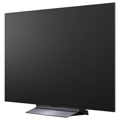 Black flat-screen television on a stand, shown from an angle against a white background.