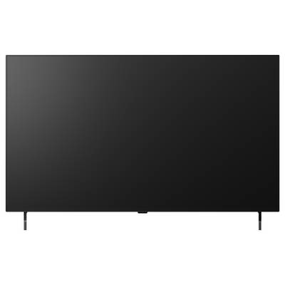 Black flat-screen TV on a stand against a plain white background.
