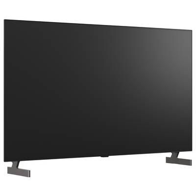 Large black flat-screen TV on two angled stand legs, shown against a plain white background.