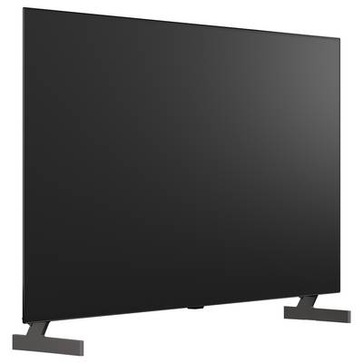A flat-screen TV or monitor shown from the front, with a dark blank screen on two angled stand feet.