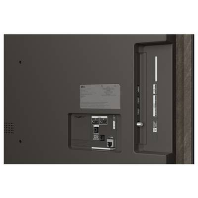Close-up of a LG television’s rear panel showing HDMI, audio, and LAN ports, mounting area, and manufacturer label.<br>