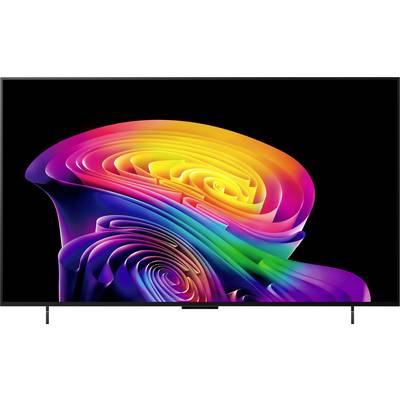Abstract colorful ribbon-like spiral artwork on a TV screen against a black background, with vivid neon gradients of pink, orange, yellow, green, blue, and purple.