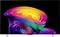 Abstract colorful ribbon-like spiral artwork on a TV screen against a black background, with vivid neon gradients of pink, orange, yellow, green, blue, and purple.
