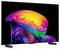 A flat-screen TV displaying a bright rainbow swirl on a black background, shown on a stand.