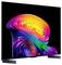 Flat-screen TV displaying a colorful abstract spiral design on a black screen, shown in a three-quarter view on a stand.