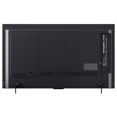 Back view of an LG OLED television showing the rear panel, ports, cable management areas, and stand mounts.