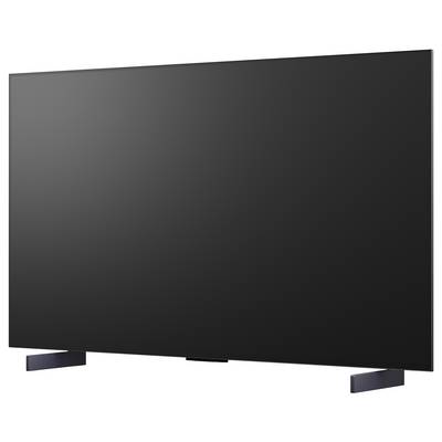 A large flat-screen television shown front-on with a black screen and two angled support feet.