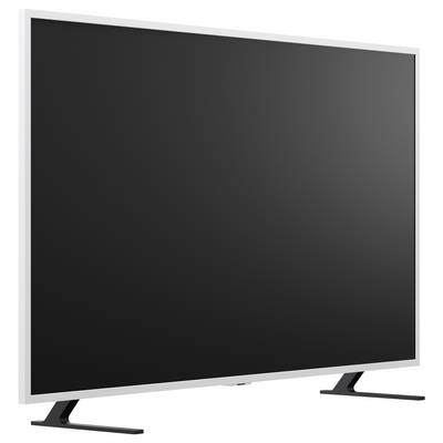Flat-screen television with blank black screen on white background, angled slightly to the right.