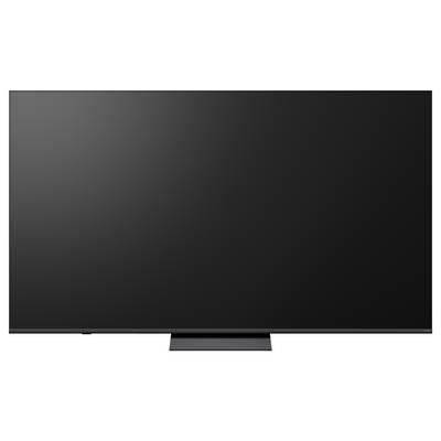 A large black flat-screen TV monitor with a thin bezel and stand, shown front view on a white background.