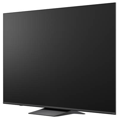 Black flat-screen television shown front-facing on a stand, with the screen turned off.<br>