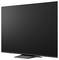Black flat-screen television shown front-facing on a stand, with the screen turned off.<br>
