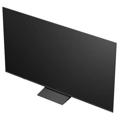 Black flat-screen TV on a stand, shown against a white background.