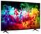 Flat-screen TV displaying a colorful abstract paint-splash image on a black screen with a thin bezel and stand.